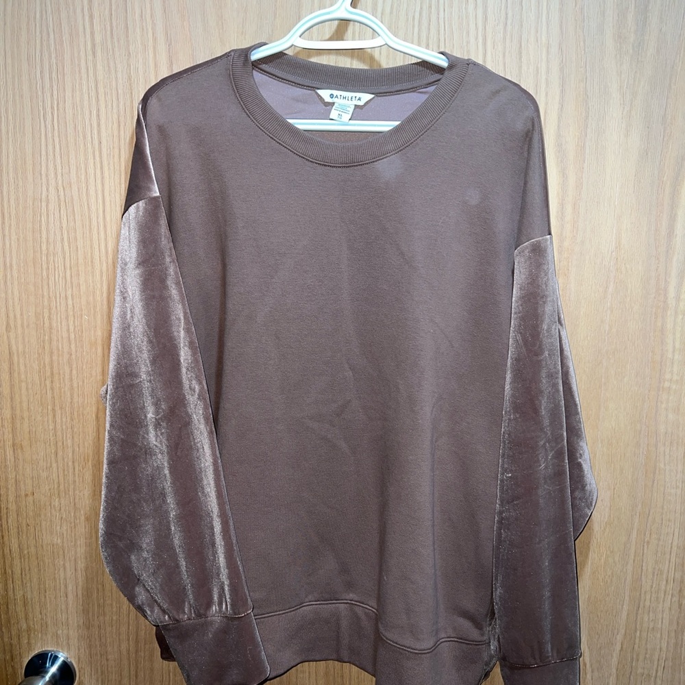 Athleta Sweatshirt Womens Brown Retroplush Pullover Velour Contrast Sweater